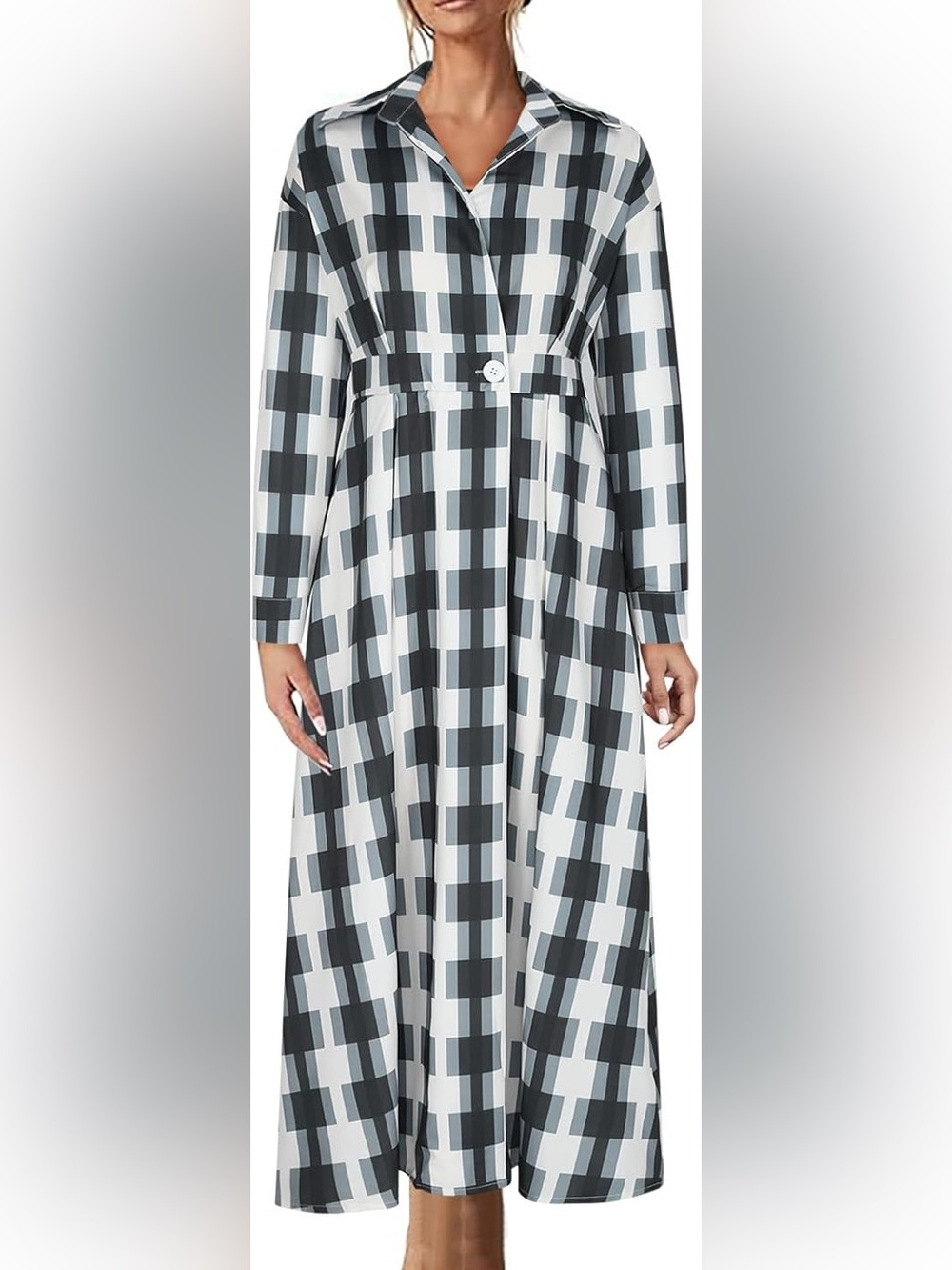 Checked Beautiful Long Sleeve Dress in Navy and Cream - Large